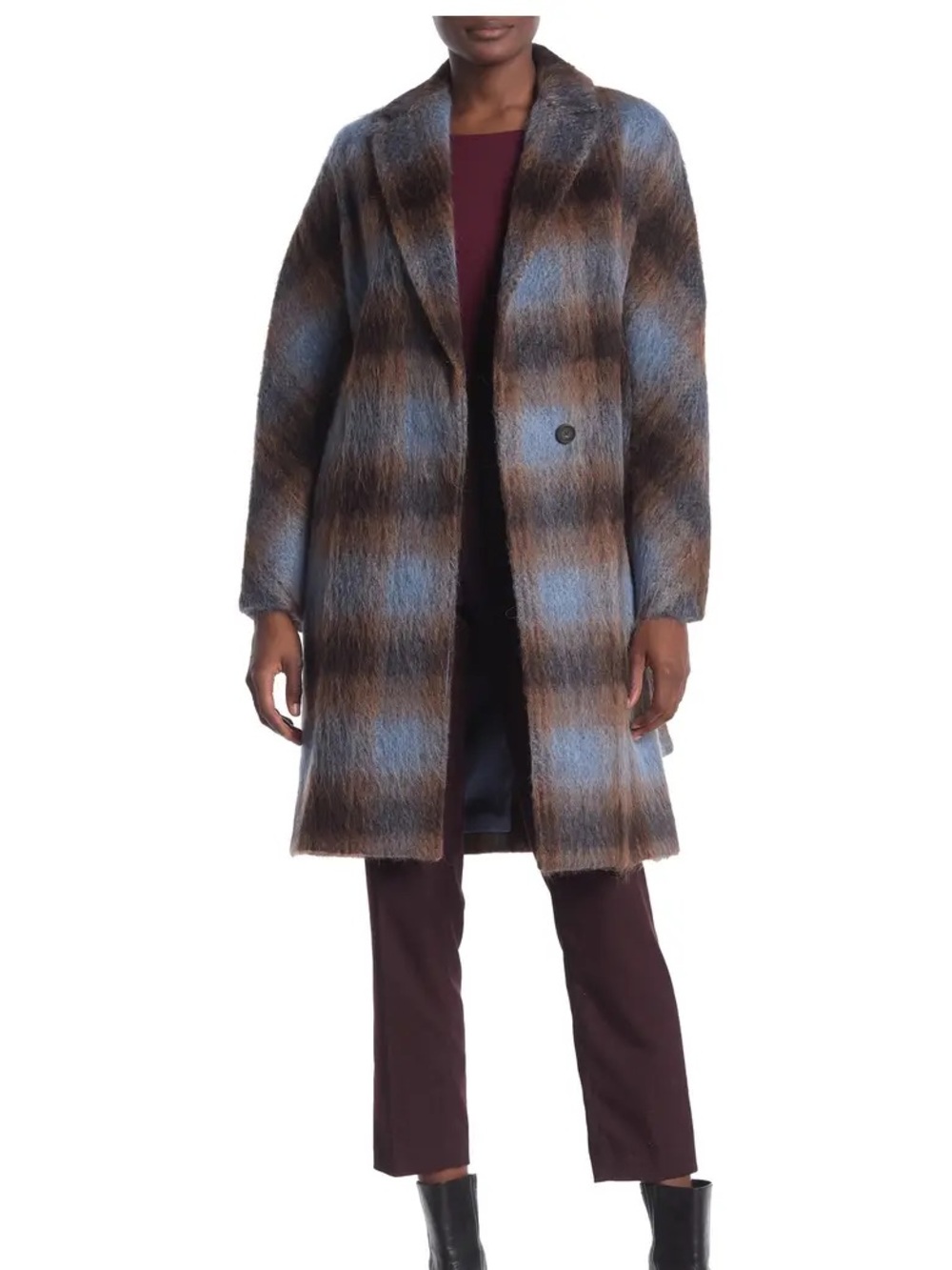 Vince Belted Plaid Coat in Azurite Plaid